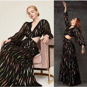 SHOSHANNA Rainbow Metallic Chiffon Puff Long Sleeve Cutout Waist Maxi Gown Sz 2